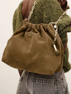 ba&sh Olive Suede Drawstring Shoulder Bag with Gold Chain